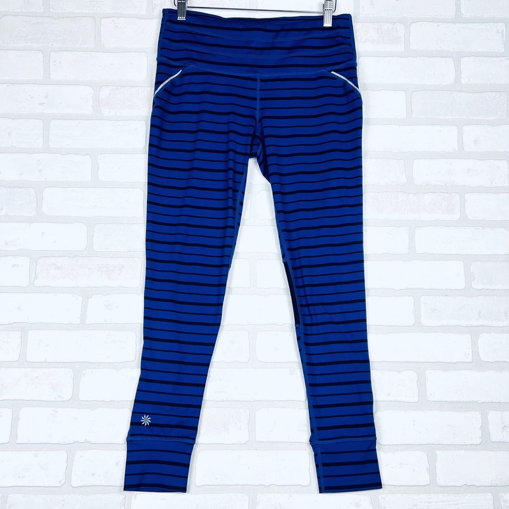 Athleta‎ Stripe Accelerate Workout Leggings Medium Blue Black Athletic Run